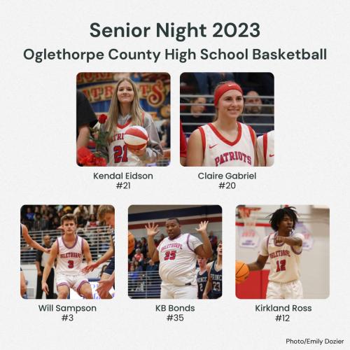 Oglethorpe County High School basketball's seniors were honored on Feb. 3, 2023, between the girls and boys games against Prince Avenue Christian School. (Graphic/Viktoria Kangas)