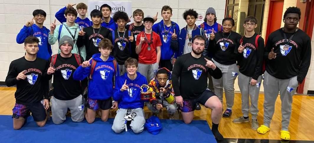 (Photo/The Oglethorpe Echo) The OCHS wrestling team poses after receiving medals for the match. The Patriots finished fourth in duals and looks to carry that momentum into the Class A Traditional Championships this weekend.