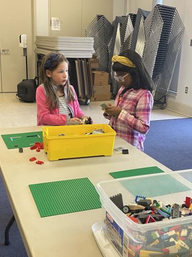 Emma Hernandez (right) and a friend at the Oglethorpe County Lego club talking through the beginning stages of building a tree house. (RAMON ELORTONDO/THE OGLETHORPE ECHO)