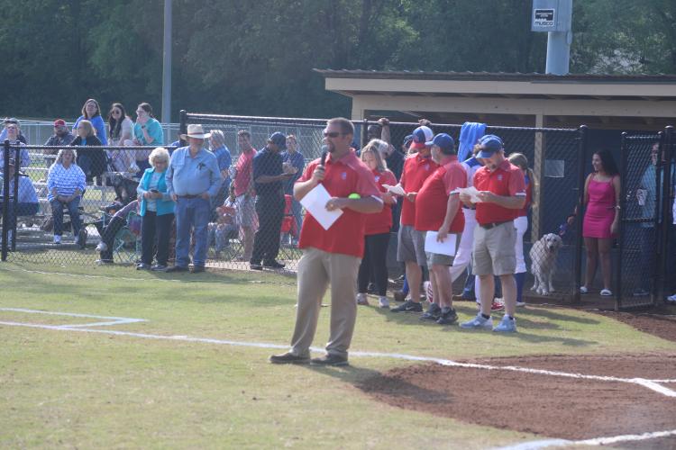 (JACK RHODES/THE OGLETHORPE ECHO) Michael White, director of the Oglethorpe recreation department, gives the opening remarks after the conclusion of the player parade. He acknowledged numerous volunteers who helped put together the entire event.