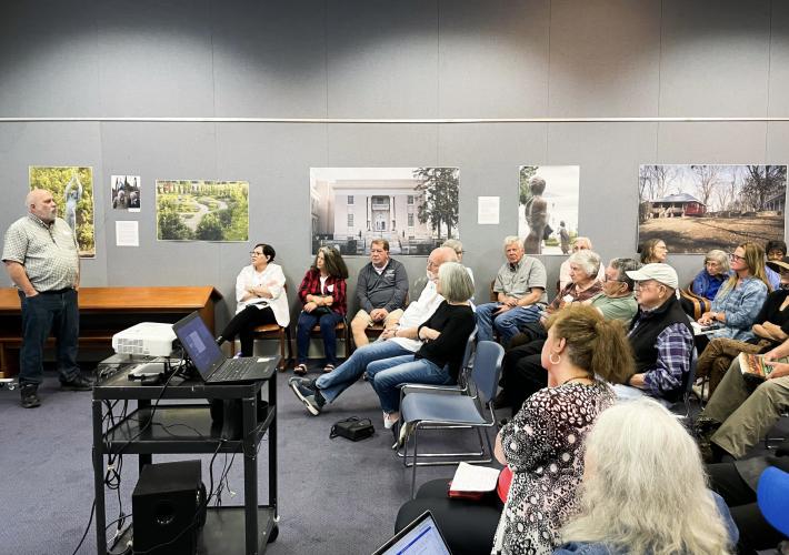 Attendees packed the Oglethorpe County Library to listen to guest speaker James Wettstaed during last week’s Historic Oglethorpe County meeting. Wettstaed has lived in Georgia since 2005, and has been the forest archaeologist and tribal liaison for the Chattahoochee-Oconee National Forest since 2009. (Photo/Maddie Daniel)