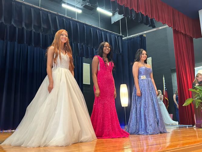 Mylee Simmons (from left), Macayla Hull and Malia McCalla compete in the Miss Oglethorpe pageant on Saturday. (Shelby Wingate/ The Oglethorpe Echo)