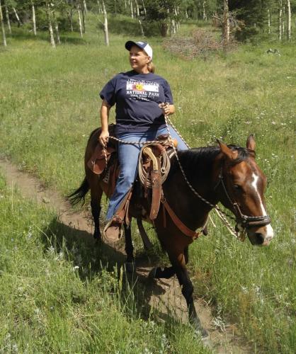 Ruth Wilson is pictured riding a horse named "Dakota" in Rocky Mountain National Park. (Photo/Ruth Wilson)