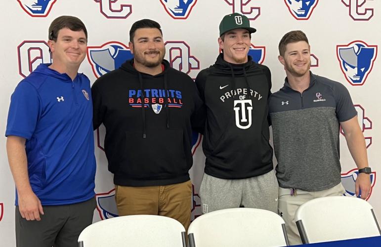 Blane McFarland (third from left) signed to play baseball at Thomas University in Thomasville last week. McFarland was Oglethorpe County’s team MVP this spring when he led the Patriots with 67 strikeouts in 51 innings pitched and sever- al offensive categories, including average (.355), home runs (five), RBIs (23) and tied for the team lead with 23 runs. He was first-team all-region DH, as voted by the region’s baseball coaches. Also pictured (from left), assistant coach Brice Bonner, head coach Kris Patel.