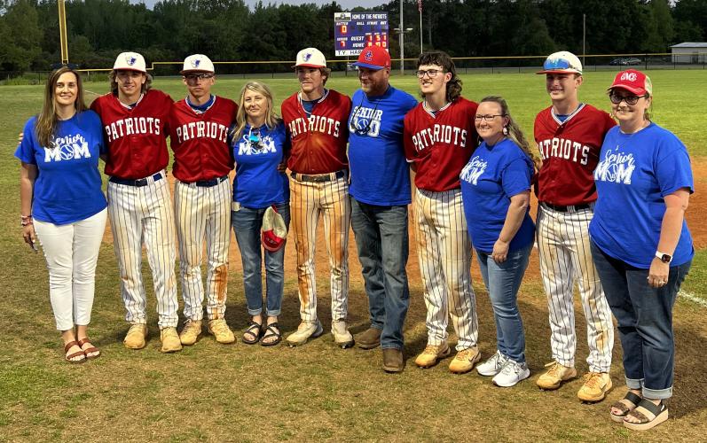 Five seniors led the OCHS baseball team to the Class A Division I playoffs this year and were recently recognized at senior night. They are, with a parent (from left): Lisa Autry and Landon Autry; Owen Fletcher and Jessica Fletcher; Blane McFarland and Kyle McFarland; Daniel Garcia and Chris Garcia; Coop Mattox and Corrie Mattox. (SUBMITTED PHOTO)