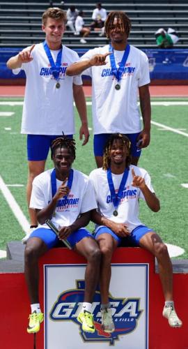 The OCHS 4x100-meter relay team of Will Sampson (clockwise from upper left), Elijah Hood, Michael Fleming and Jaelin Lumpkin surprised the field by winning the event. (SUBMITTED PHOTO)