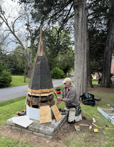 Carpenter Peter Mallet works on the old steeple at Lexington Baptist Church earlier this year. The steeple was installed in 1893 and replaced in 1975, but remains on church grounds. (SUBMITTED PHOTO)