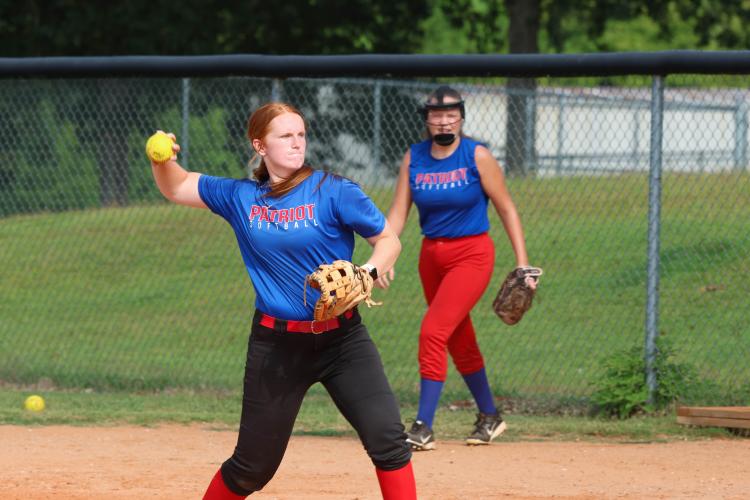 Abby Jones, the only senior on the Oglethorpe County softball team, throws the ball home during practice on Monday. Jones is only one of four upperclassmen on a team dominated by freshmen. (LANDEN TODD/THE OGLETHORPE ECHO)
