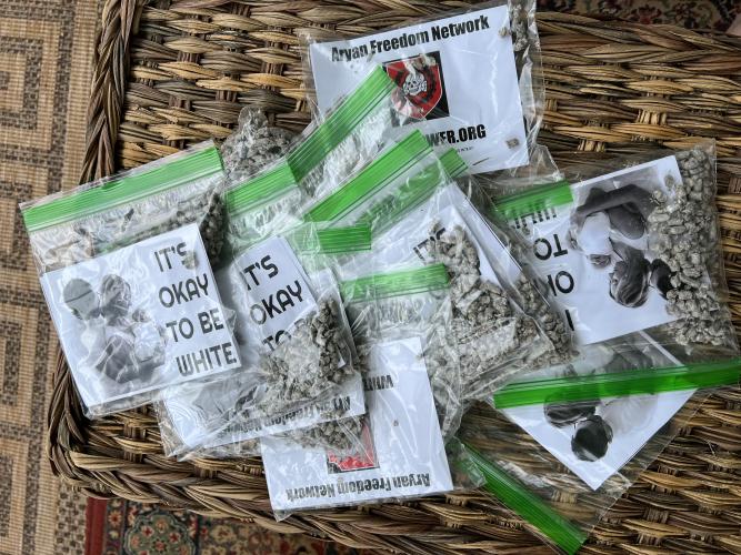 Bags filled with hate messages and weighed down by wood pellets have been found in driveways around Lexington and other parts of the county. (SUBMITTED PHOTO)