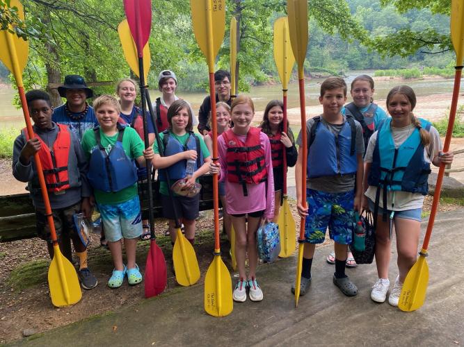 Taylor McGreavy (from left), Justin Loggins, J.T. Mathews, Audrey Green, Devyn Patrick, Jayden McGreavy, Jaxson Blocker, Rebecca Jones, Mae Mathews, McKinley Grimes, Eli Patton, Haleigh Baker and Kiley Paul took part in a kayaking trip. (SUBMITTED PHOTO)
