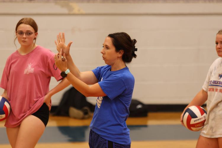Brianne Harrison leads practice earlier this week in her first season as Oglethorpe County’s volleyball coach. She previously coached at the middle school. (LANDEN TODD/THE OGLETHORPE ECHO)