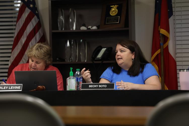 CASSIDY HETTESHEIMER/THE OGLETHORPE ECHO Oglethorpe County School Superintendent Beverley Levine (left) and Becky Soto, chair of the Board of Education, discuss the 2023 Georgia Milestones scores and other business at a meeting on Tuesday night. The Board of Education will host two public hearings about the millage rate on Friday, Sept. 8.