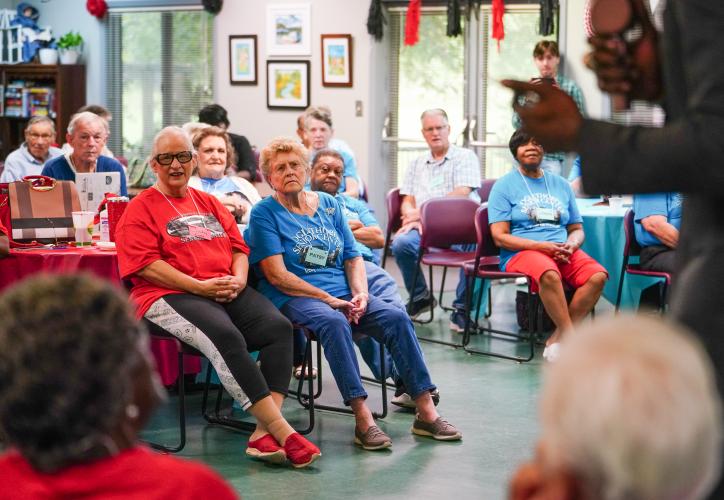 Cindy Lou Phelps and Patsy Cruce watch their teammates on Friday morning, Sept. 15, 2023. NBA All Star Dwight Howard hosted 'Family Feud' at the Oglethorpe Senior Center in Crawford, Georgia. (Photo/Sidney Chansamone)