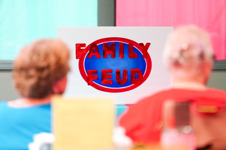 The game poster is displayed on the table on Friday morning, Sept. 15, 2023. NBA All Star Dwight Howard hosted 'Family Feud' at the Oglethorpe Senior Center in Crawford, Georgia. (Photo/Sidney Chansamone)