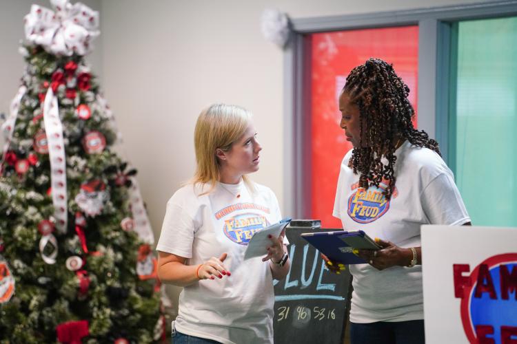 Director Corie Robinson and Sheryl Howard chat during the game on Friday morning, Sept. 15, 2023. NBA All Star Dwight Howard hosted 'Family Feud' at the Oglethorpe Senior Center in Crawford, Georgia. (Photo/Sidney Chansamone)