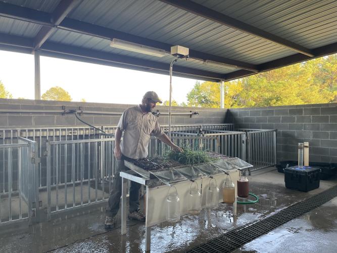 Philip Brown, a grazing specialist with the National Resource Conservation Service, demonstrates a rainfall simulator at the UGA Extension Office’s second annual Fall Garden Workshop in Lexington on Aug. 31. The simulator can replicate intense rainfall. (Photo/John Henry Hammond)