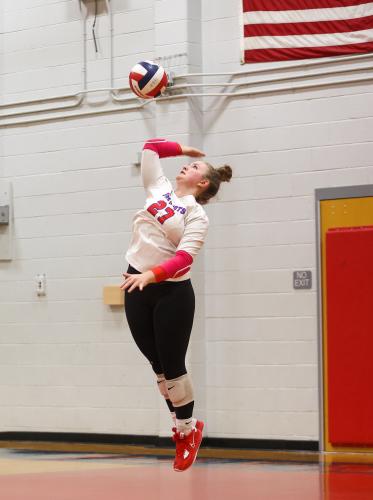 Junior Sofia Horsley serves the ball in the first set of Oglethorpe County volleyball's first-round state playoff win over Rabun County on Wednesday, Oct. 18, 2023, in Lexington, Georgia (Photo/Cassidy Hettesheimer).