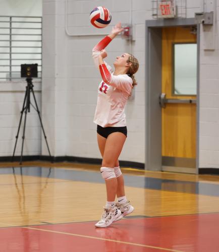 Freshman Nora Turner serves the ball during Oglethorpe County's first-round state playoff win over Rabun County on Wednesday, Oct. 18, 2023, in Lexington, Georgia (Photo/Cassidy Hettesheimer).