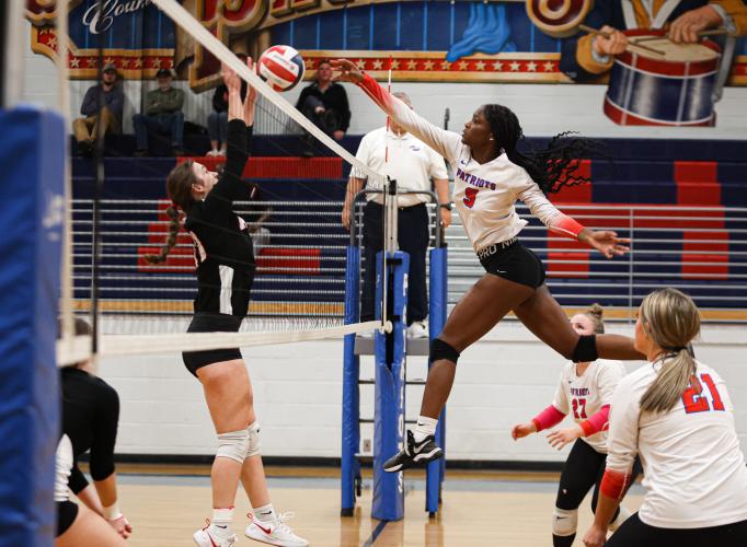 Junior Kenzie Henderson spikes the ball during Oglethorpe County's first-round state playoff win over Rabun County on Wednesday, Oct. 18, 2023, in Lexington, Georgia (Photo/Cassidy Hettesheimer).