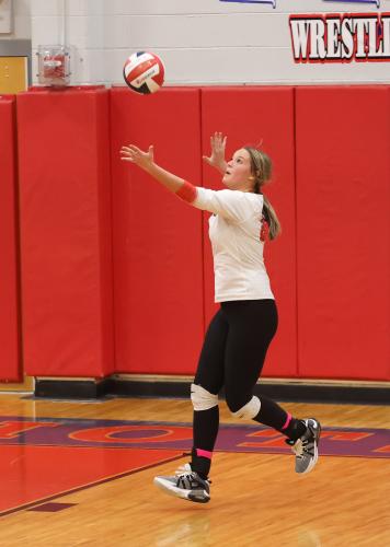 Sophomore Elizabeth Cook serves the ball during Oglethorpe County's first-round state playoff win over Rabun County on Wednesday, Oct. 18, 2023, in Lexington, Georgia (Photo/Cassidy Hettesheimer).