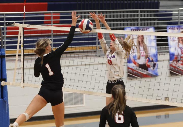Senior Avery Kort blocks the ball during Oglethorpe County's first-round state playoff win over Rabun County on Wednesday, Oct. 18, 2023, in Lexington, Georgia (Photo/Cassidy Hettesheimer).