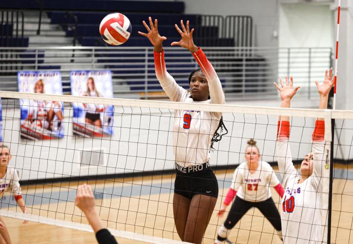 Junior Kenzie Henderson leaps to block the ball during Oglethorpe County's first-round state playoff win over Rabun County on Wednesday, Oct. 18, 2023, in Lexington, Georgia (Photo/Cassidy Hettesheimer).