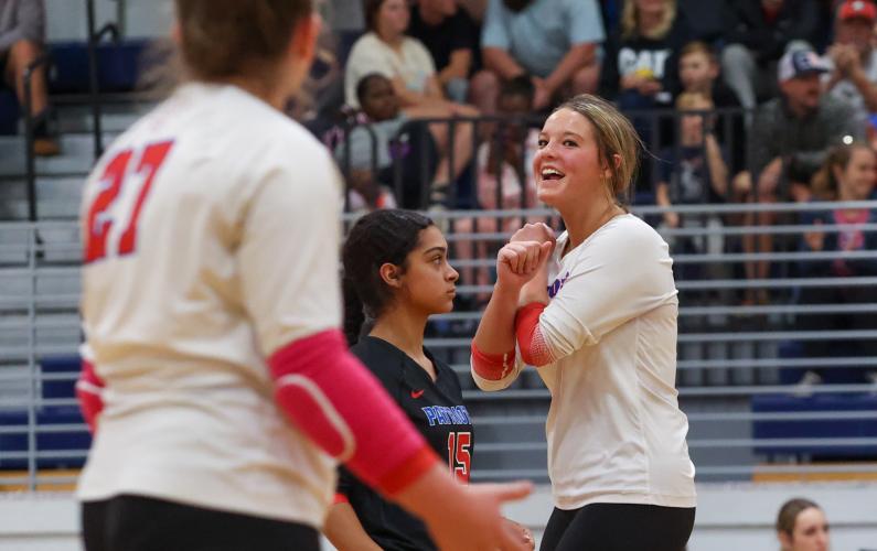 Sophomore Elizabeth Cook celebrates an ace during Oglethorpe County's first-round state playoff win over Rabun County on Wednesday, Oct. 18, 2023, in Lexington, Georgia (Photo/Cassidy Hettesheimer).