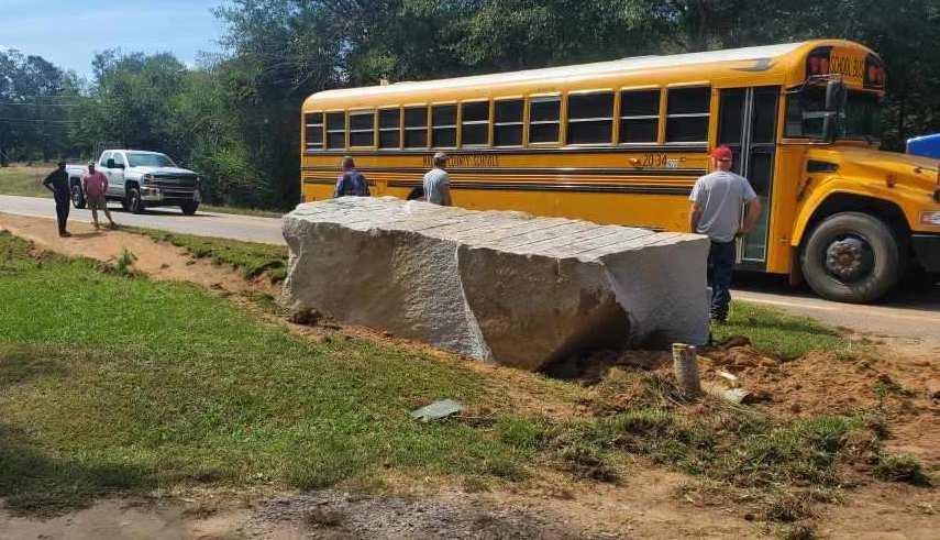 SUBMITTED PHOTO This 62,000-pound granite block was thrown from a tractor-trailer onto Lexington-Carlton Road earlier this month. Commission Chair Jay Paul has been in contact with the Elberton Granite Association about the incidences in the county.