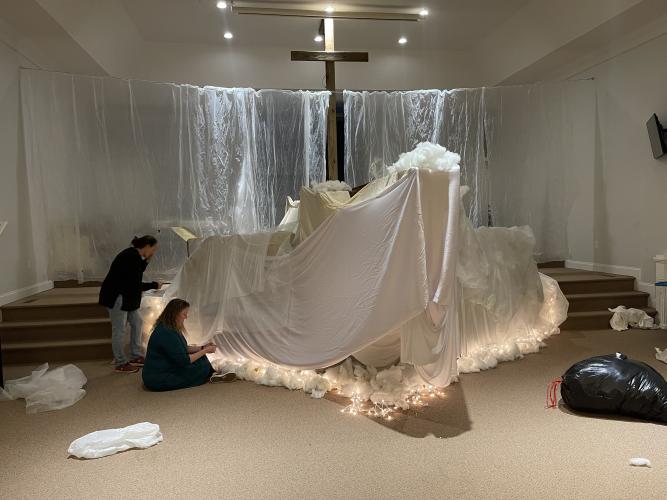 Julie Wade (left) and Deidre Boswell work on the set in preparation for Mt. Pleasant Community Church’s Judgment House, which is open from 7-9 p.m. Saturday, Oct. 21 to Monday, Oct. 23. Pastor Levi Taylor said the Judgment House is more about spreading the word of a loving, merciful God. (Submitted Photo)