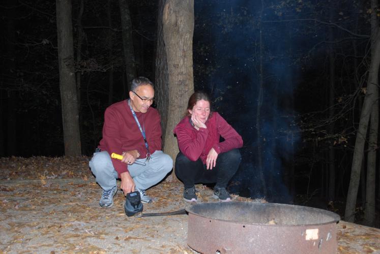 Campsite host David Dyhouse and Oglethorpe County Library branch manager Katherine Ratcliffe admire the fire they created. Watson Mill Bridge State Park is one of the most popular parks in the state for trail horse riding.