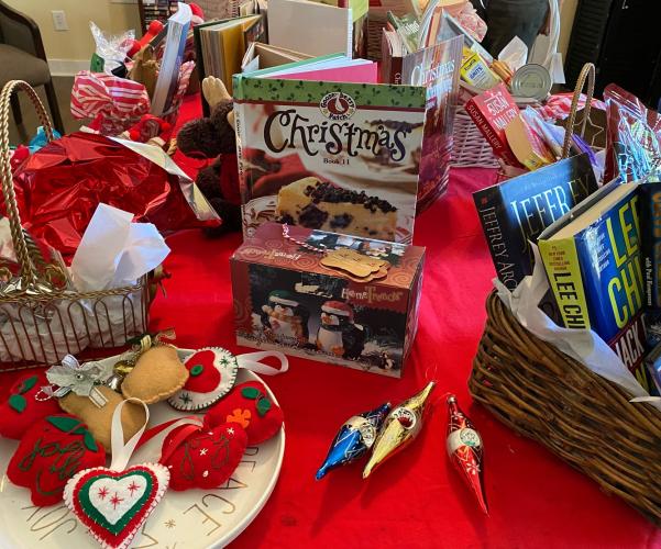 Goods are displayed in preparation for the Christmas Bazaar and book sale on Nov. 29, 2021. (Courtesy/Babs DeArmond)