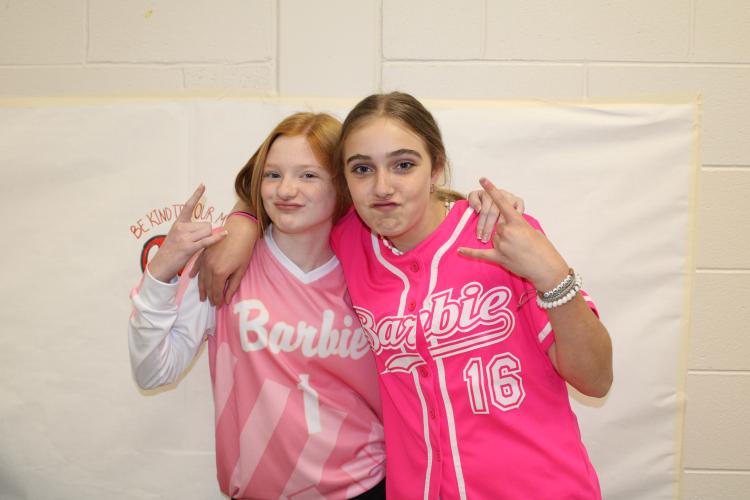 Mae Matthews (left) and Finley Sullivan used a previous day’s Barbie theme to also twin for the seventh graders’ day. Matthews feels that the week is “definitely effective” toward drug prevention among middle schoolers.