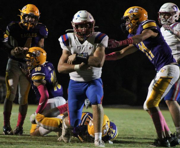 Jake Turner (2) stomps into the end zone for his third touchdown in the Patriots’ 56-0 win over Athens Christian School this fall. OCHS will join Athens Christian and Athens Academy, among other area schools, in Region 8-A Division I next year. LAUREN HILL/THE OGLETHORPE ECHO