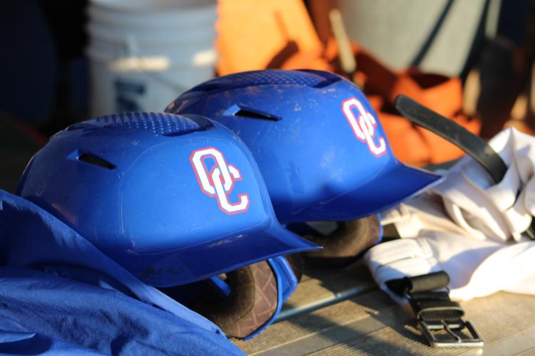 Oglethorpe County's players' helmets sit in their newly renovated dugout. (Photo/Owen Warden)