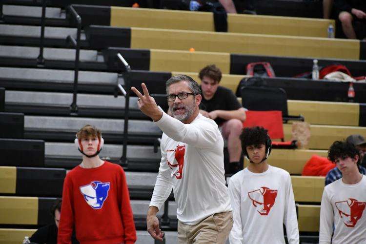 OCHS coach Tim Stoudenmire tries to get his point across in the area team dual semifinals on Saturday. The Patriots qualified for this weekend’s state team duals at Heard County. (Wade Cheek/For the Oglethorpe Echo)