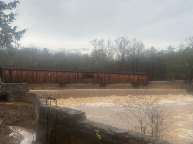 Jackson Mower, the park manager at Watson Mill Bridge State Park, said the South Fork River would likely crest sometime late Tuesday night. Some parts of the county received more than 3 inches of rain on Monday night and Tuesday. (Submitted Photo)
