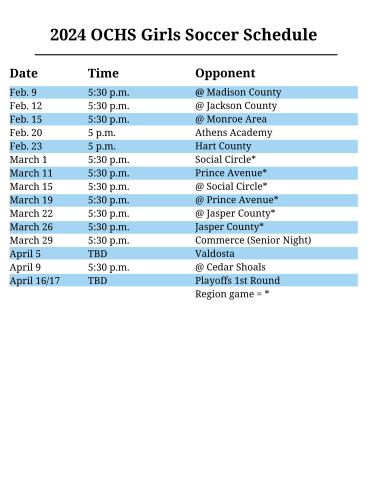 Oglethorpe Counties girls soccer schedule for the 2024 season (Graphic/Owen Warden)