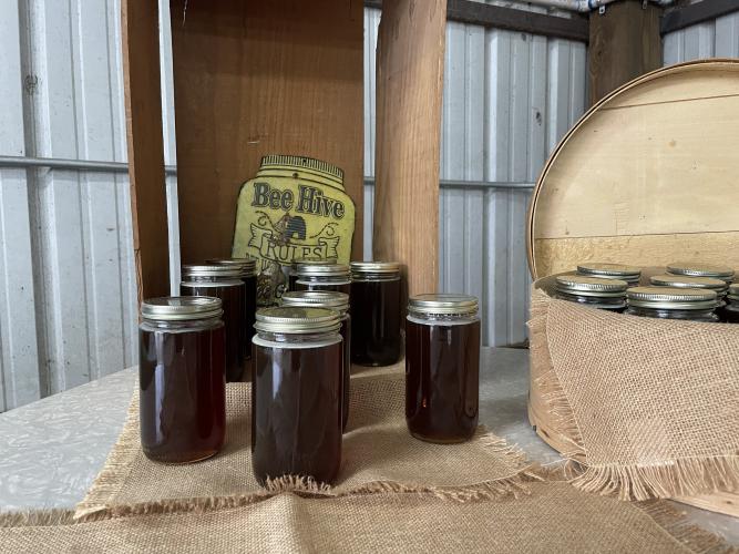 Strickland Pride Produce sells locally produced honey during its grand opening on Feb. 5, 2024. Kendall Strickland, owner of the produce shop, plans to host beekeeping demonstrations at the shop in the coming months. (Margaux Binder/The Oglethorpe Echo)