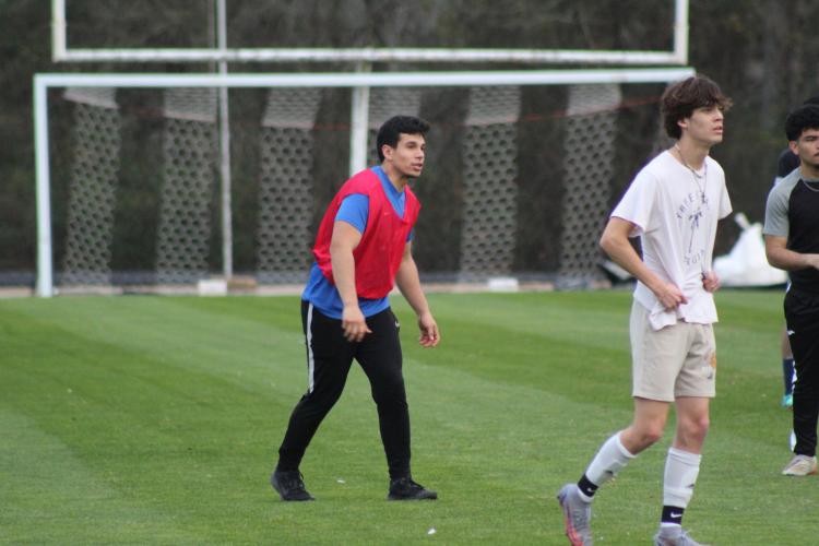 Armando Padilla participates in a drill at practice on Feb. 16, 2024. (Samuel Higgs/The Oglethorpe Echo)