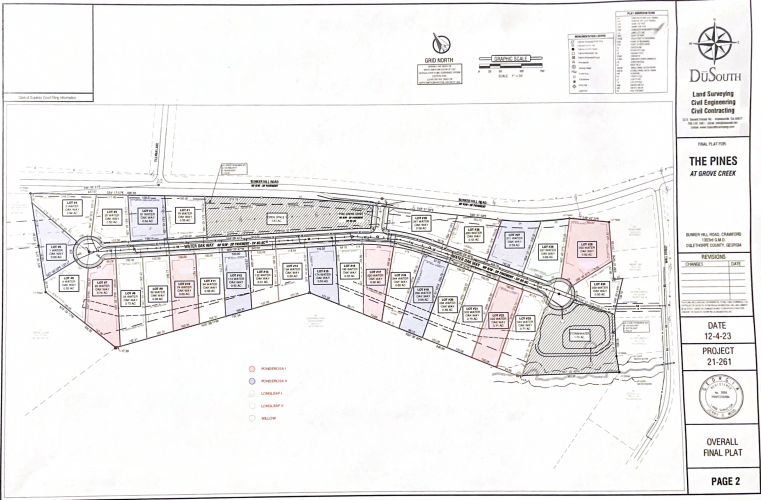A map of The Pines at Grove Creek, a housing development off of Bunker Hill Road in Crawford, shows the tentative home plans for each lot. The development will offer several home plans that vary in amenities and price. (Submitted Photo)