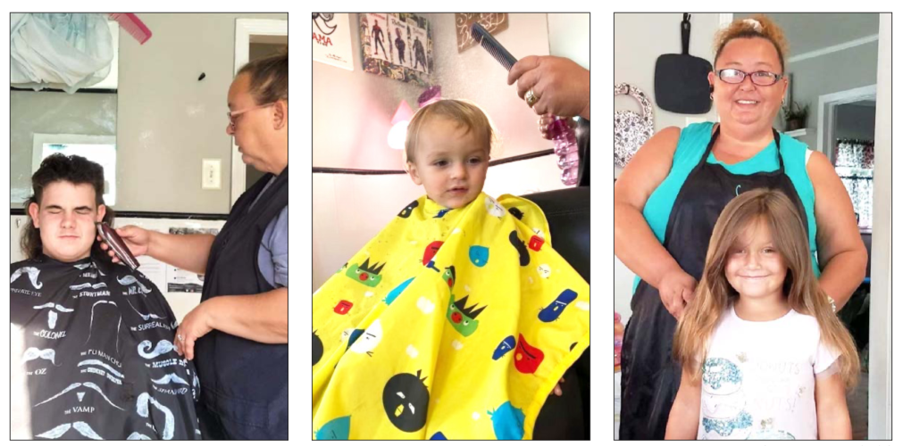 Hazel Sanders, owner of Hazel's Hair Salon in Lexington, sees customers of all ages, but has built a reputation with kids, including Jaden Hayes (left), 14, who has had his hair cut by Sanders for nearly nine years. Blade Dozier (center) from Wilkes County, receives his first haircut from Sanders in July 2020, and Sanders gave Bella Sheridan (right), who is 7, her first haircut as a toddler and continues to cut her hair. (Submitted Photos)