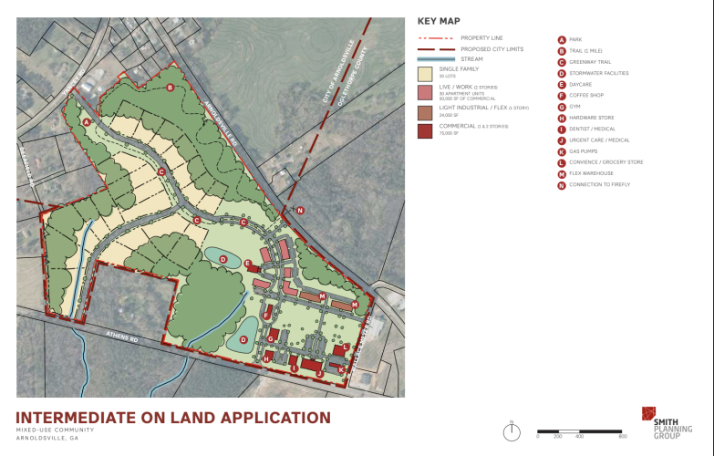 A plan from Barrs Industries shows possible development options for Andy Barrs' 114-acre plot that sits partially within Arnoldsville. The plot may see a mixed-use development with housing, eateries, shops, health resources and more.(Submitted Photo)