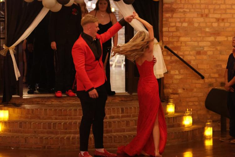 Kyle Thornton and Avery Kort dance during their senior walk at the Oglethorpe County High School Prom held at Historic Smithonia Farm in Colbert, Georgia on April 20, 2024. (Photo/Jim Bass)