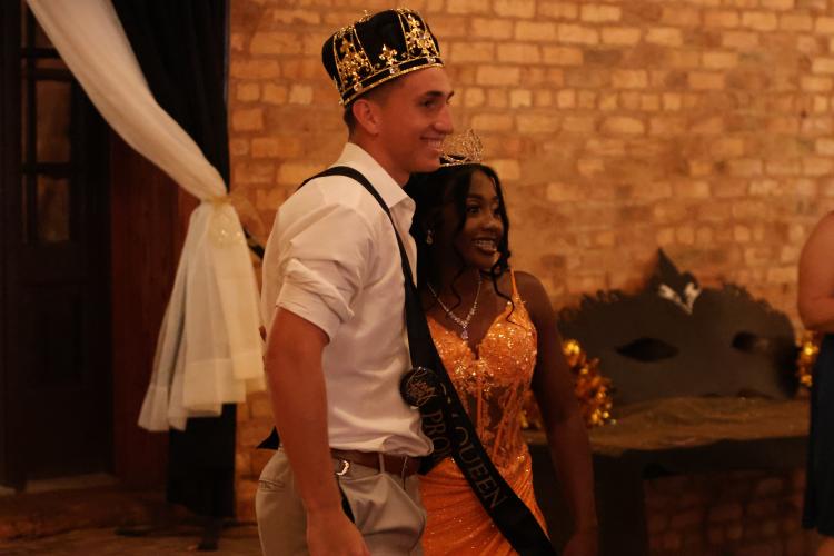 Jake Turner and Aariana Bell smile after being crowned Prom king and queen during the Oglethorpe County High School Prom at Historic Smithonia Farm in Colbert, Georgia on April 20, 2024. (Photo/Jim Bass)