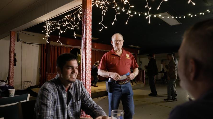 George Gray (center) reenacts inviting Matt Chastain (right) to join the Sons of the American Legion in a recruitment video. Brit Brooks, playing the role of Jesse Collier, is on the left. (Submitted Photo)