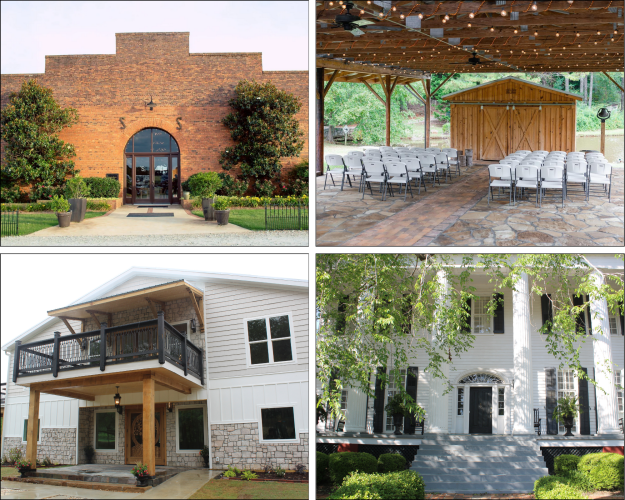 Historic Smithonia Farm (clockwise from top left), Countryside Manor, the Platt Brooks Estate and the Grove at Bailey’s Farm are among the wedding venues in Oglethorpe County. The trend in rural, country and barn weddings have led to a recent increase in the number of wedding venues in the county. (Submitted Photos)