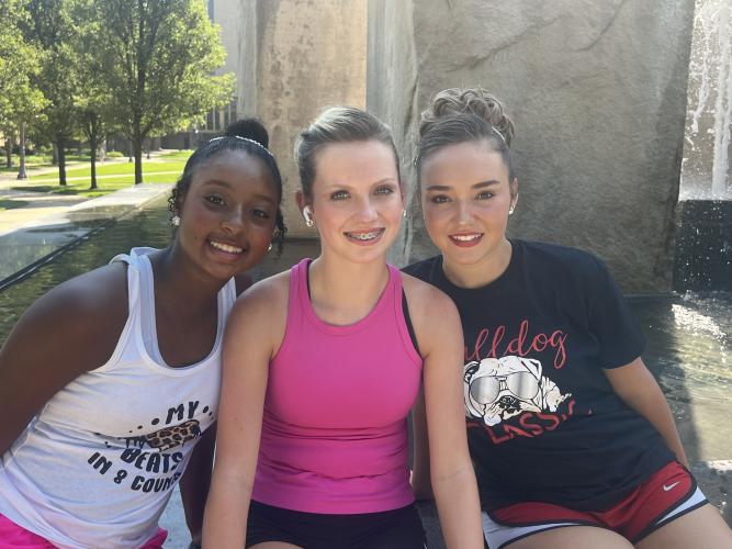 Mya Jewell (from left), Peyton Lewis and Bailey Wray will head to Notre Dame next week to compete at the National Baton Twirling Championships. Wray graduated from OCHS in May and Jewell and Lewis are both on the majorette line. (Submitted Photo)