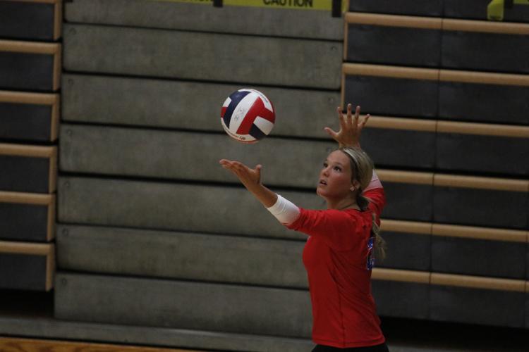 Junior Elizabeth Cook serves to start a rally in a scrimmage against Rabun County Tuesday. (Torin Smith/The Oglethorpe Echo)