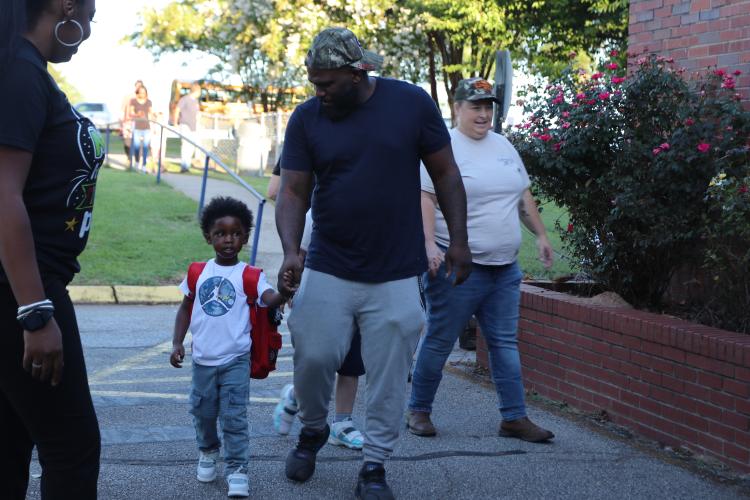 Antonio Mattox drops off Zytavious Walkins for his first day of pre-K at Oglethorpe County Primary School on Aug. 8. The school system had an enrollment of 2,214 students at the start of the school year. (Torin Smith/The Oglethorpe Echo)