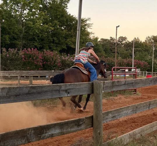Katherine Horsley, 14, begins her run at Saturday's Buckle Series at Oglethorpe County Saddle Club. Her goal is to compete in the Georgia Junior High School Rodeo. (Photo/Ella Kroll)